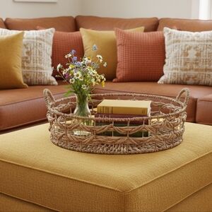 Large Raffia Straw Boho Round Table Basket Bohemian Home Decor Beach 1970s